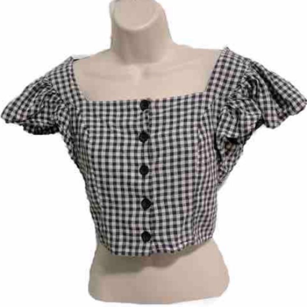 URBAN OUTFITTERS Rita Gingham Flutter Sleeve Button Cropped Top Womens Large